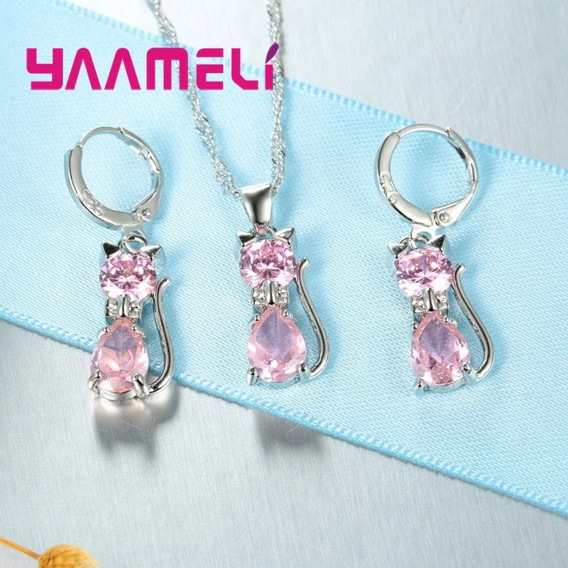 925 Sterling Silver Cat Pendant Necklace and Huggie Earring Jewelry Set with Shining Austrian Crystal for Women and Girls