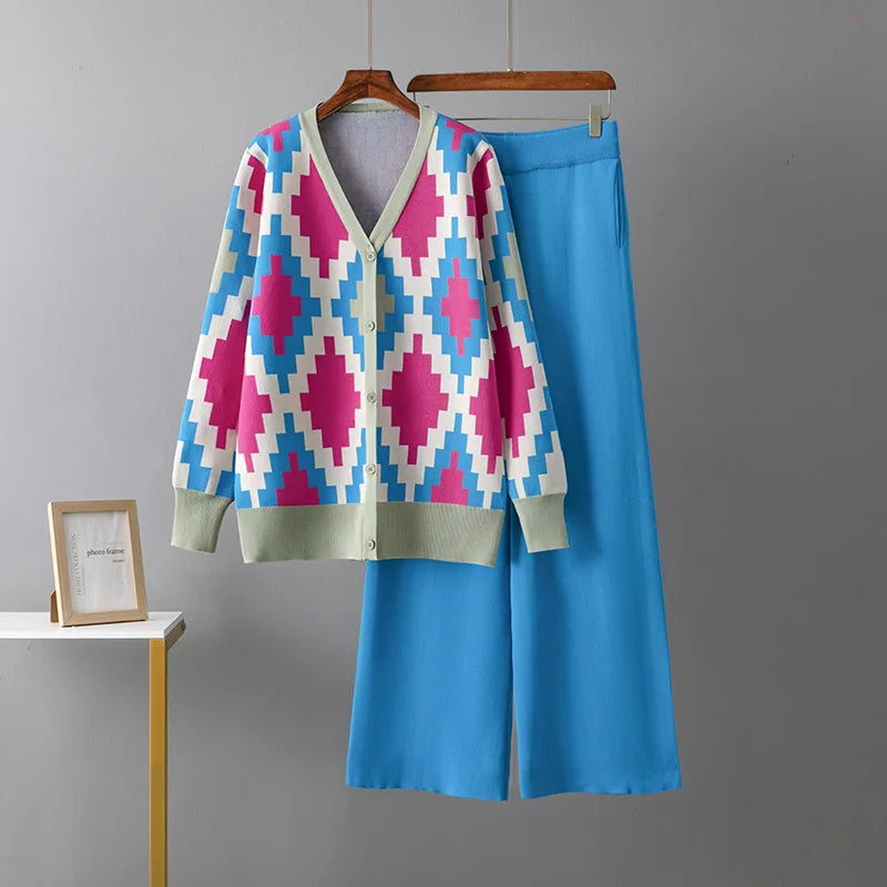 Women Casual V-neck Argyle Knit Cardigan and High Waist Wide Leg Pants Set