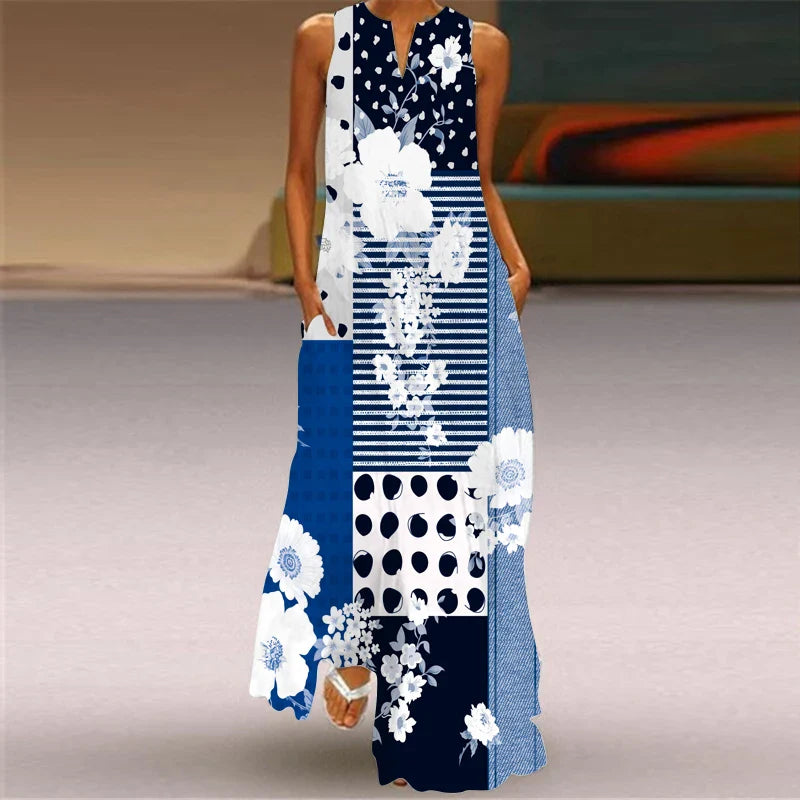 Sleeveless V Neck Printed Maxi Dress For Summer Beachwear