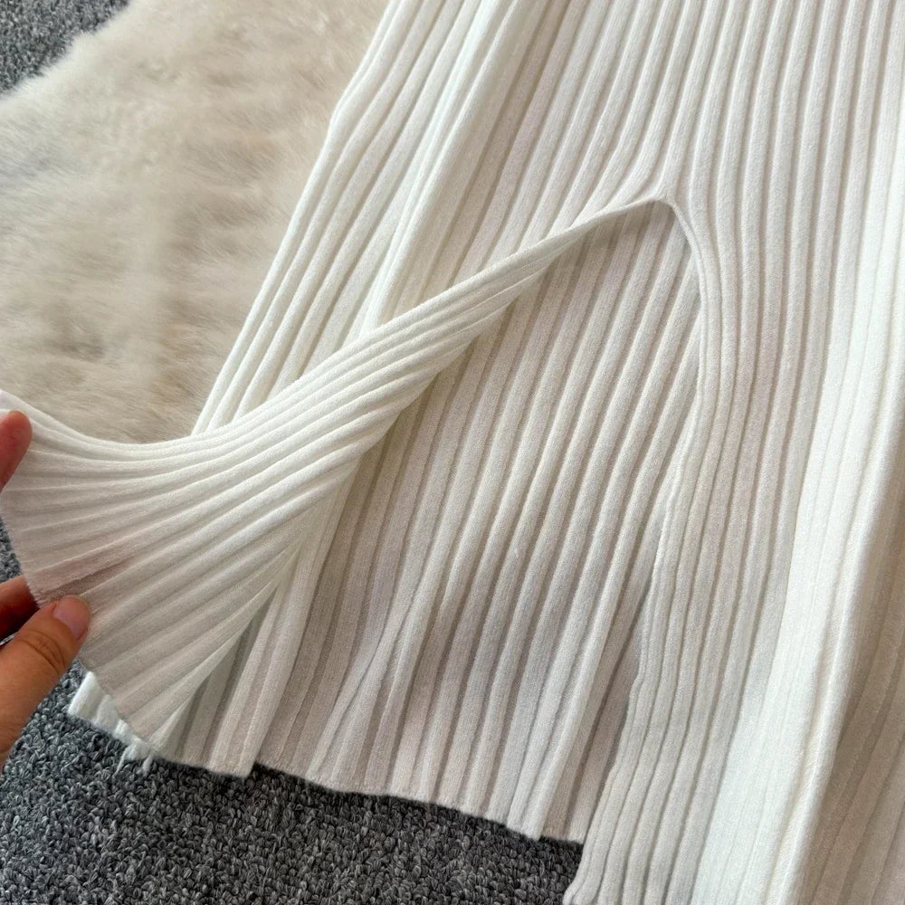 White Long Sleeve V Neck Lace Up Elegant Dress For Women