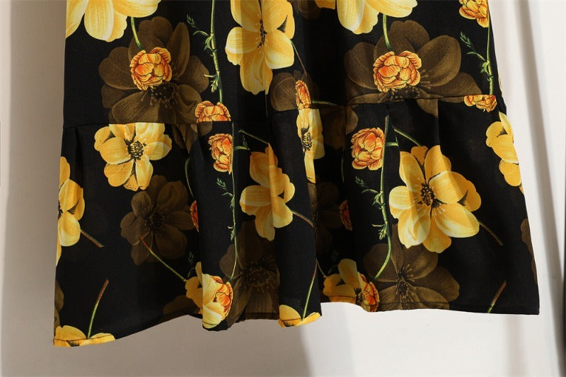 Bohemian Floral Maxi Dress High Waist Chiffon Long Sleeves