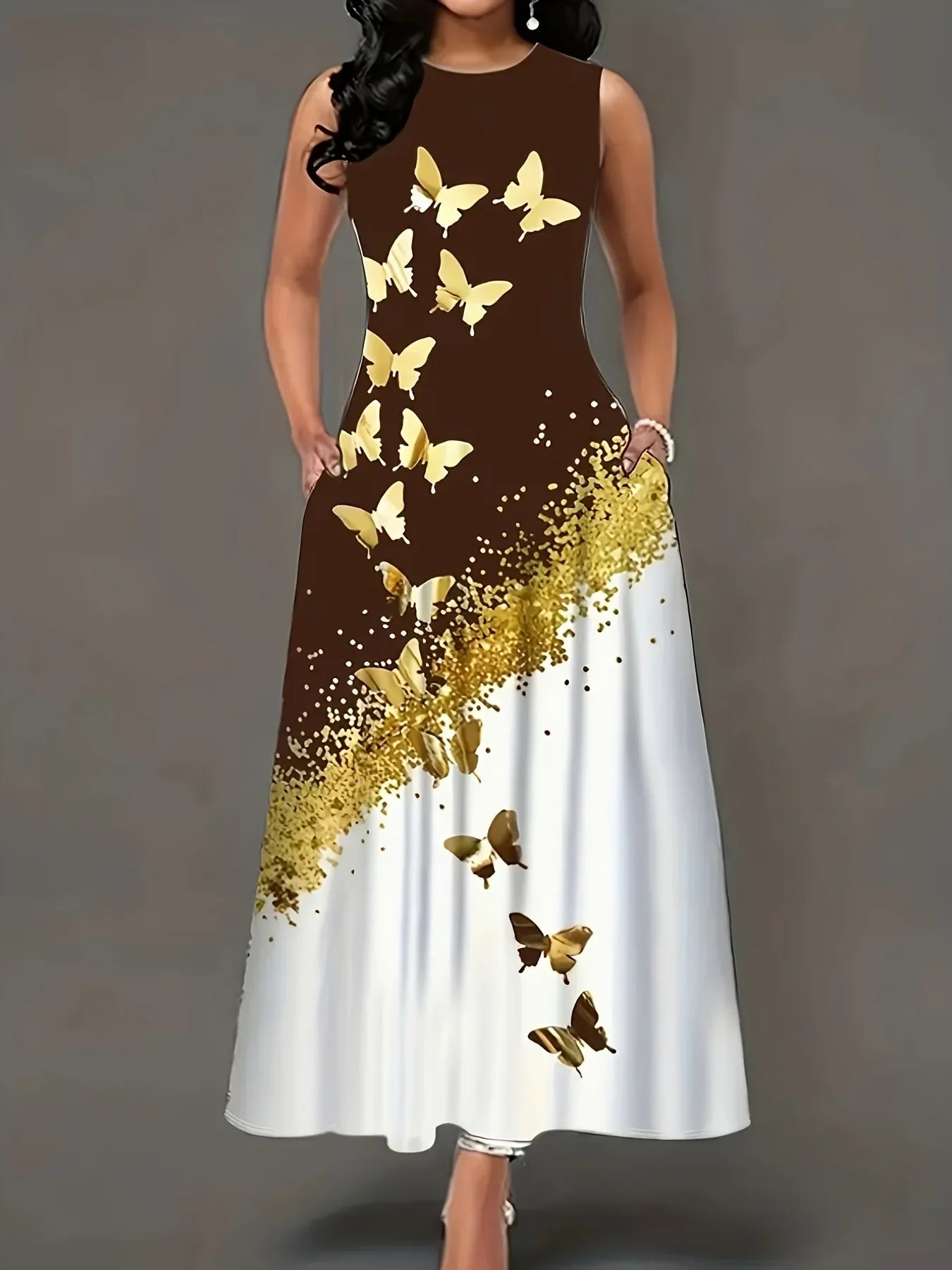 Butterfly Print A Line Summer Dress Front Pockets Style