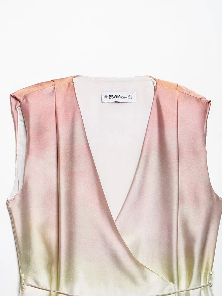 Women Tie Dye Two Piece Set Casual V Neck Waistcoat and Wide Leg Trousers with Shoulder Pads