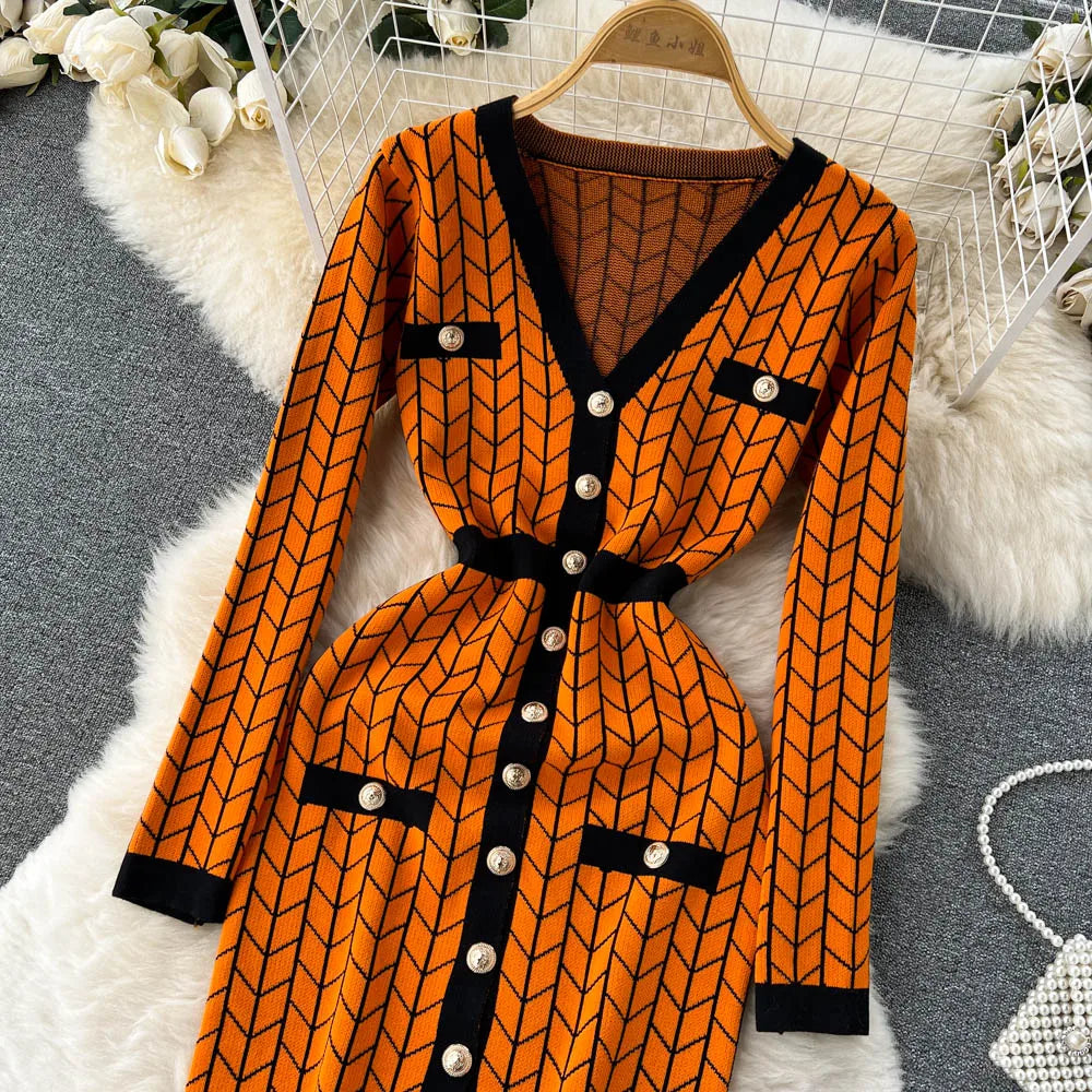 Autumn Plaid Knit Dress Women V Neck Elastic Waist Midi