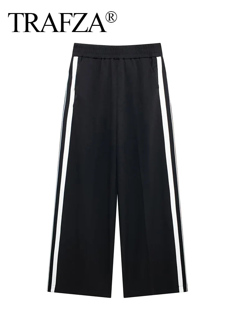 Women's Striped Sports Suit with Long Sleeve Zip Lapel Coat and High Waist Wide Leg Pants Two-Piece Set