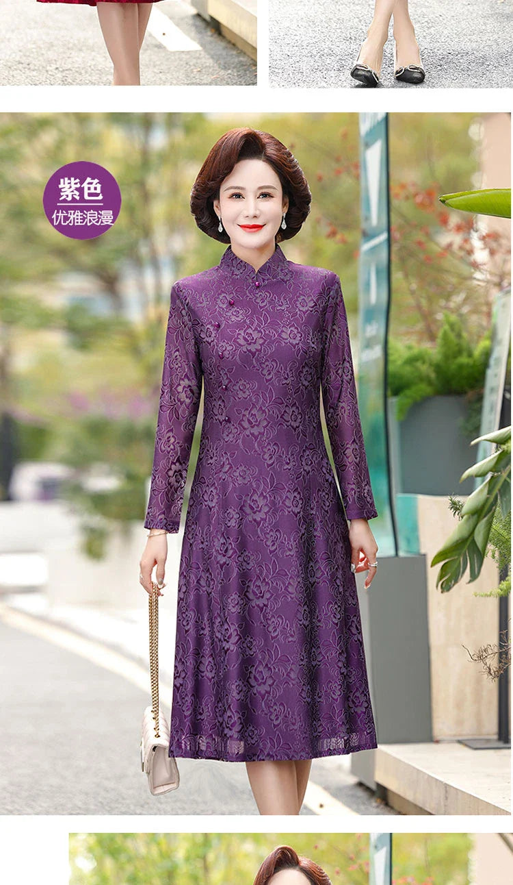 Elegant Lace Dress For Women With Qipao Collar A Line Long