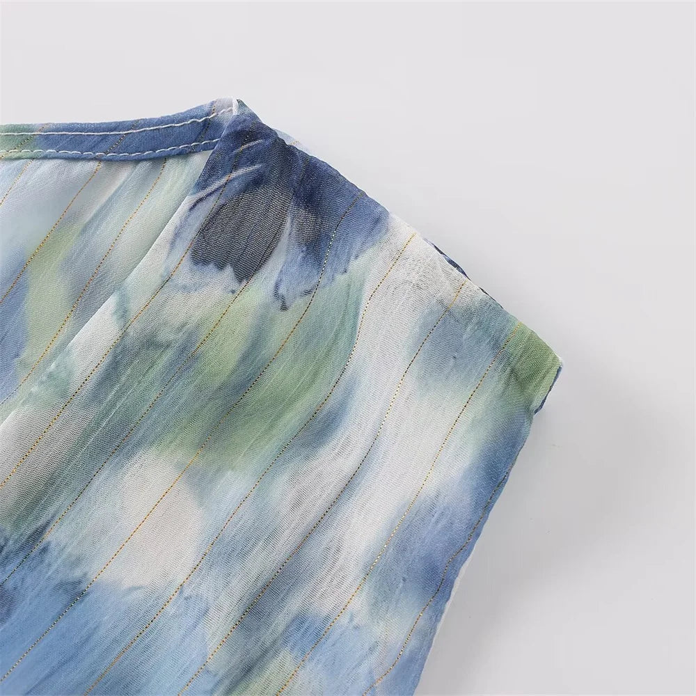 V Neck Printed Dress With Metal Line Open Waist Silhouette