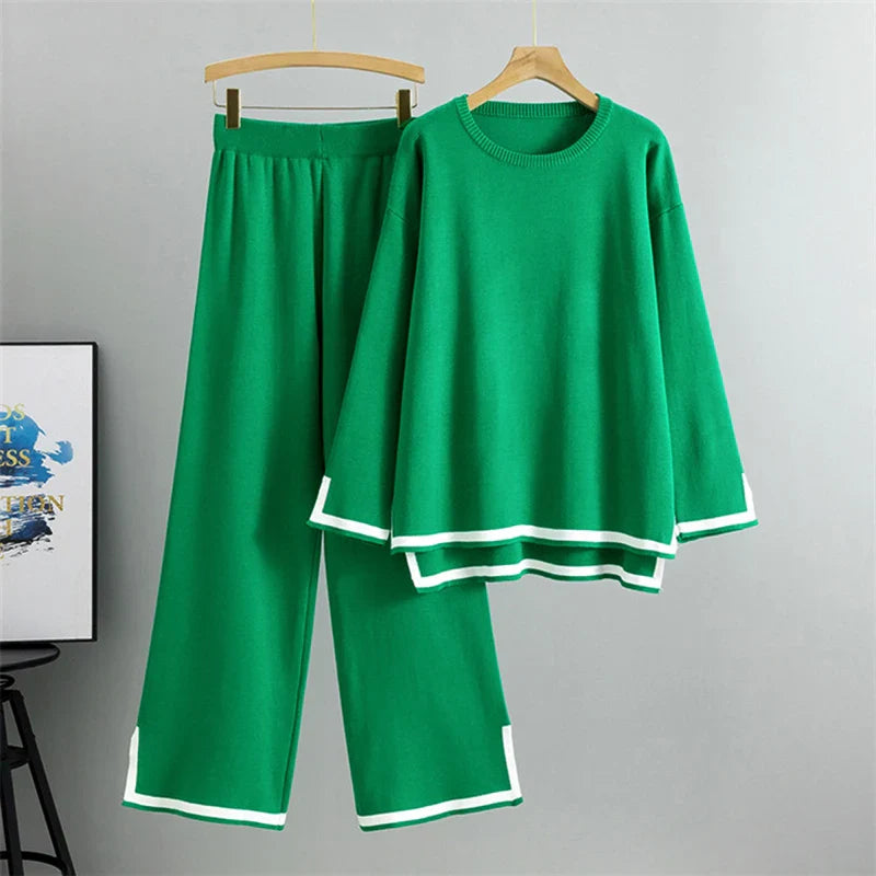 Spring Women Knitted Sweater Set Casual Pullover and Pant Outfit with Color Contrast Block Design