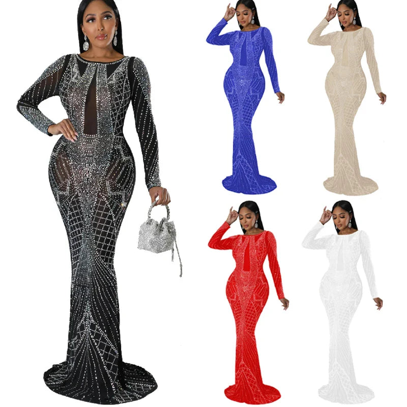 Sexy Mesh Diamond Embellished Maxi Dress for Evening Party