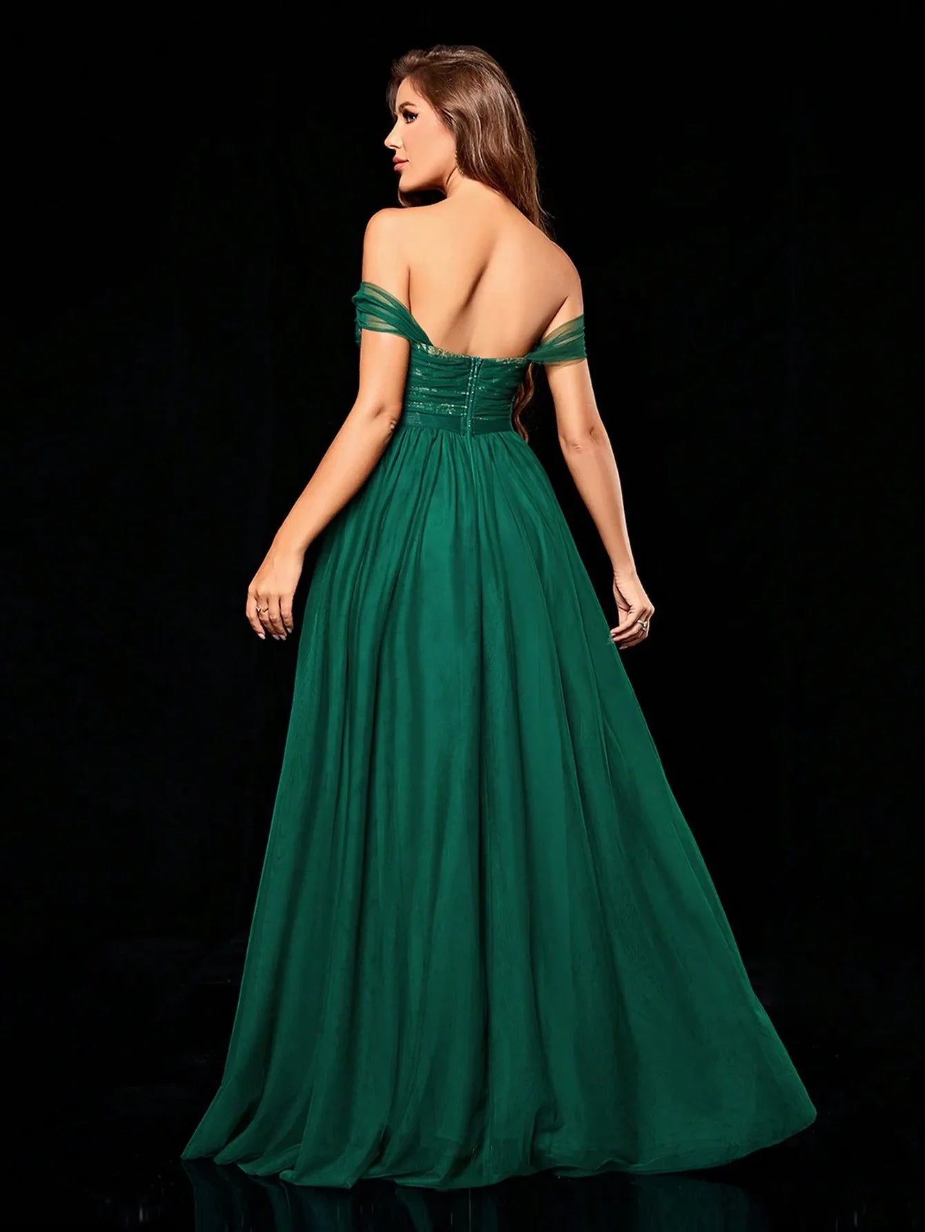 One Shoulder Mesh Maxi Dress With Gold Lace Accent