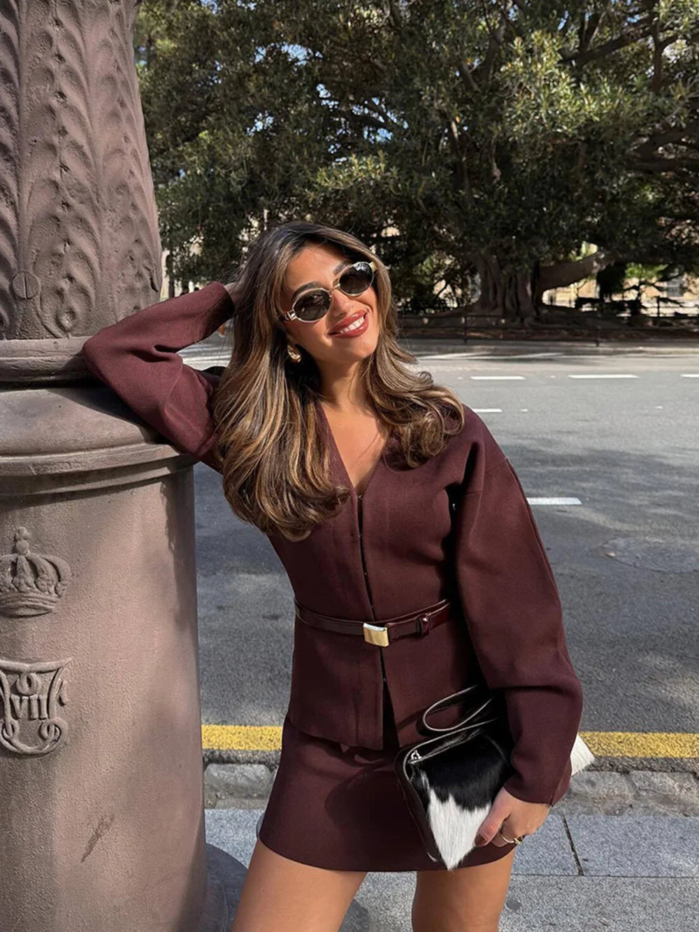 Women's Stylish Knit Mini Skirt Set with Slim Fit Jacket and High Waist Stretch Flat Knit Skirt Casual Chic Outfit