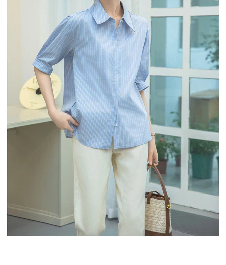 Women Casual Blue Stripe Short Sleeve Polo Collar Shirt Elegant Loose Office Blouse Single Breasted Summer Chic Top