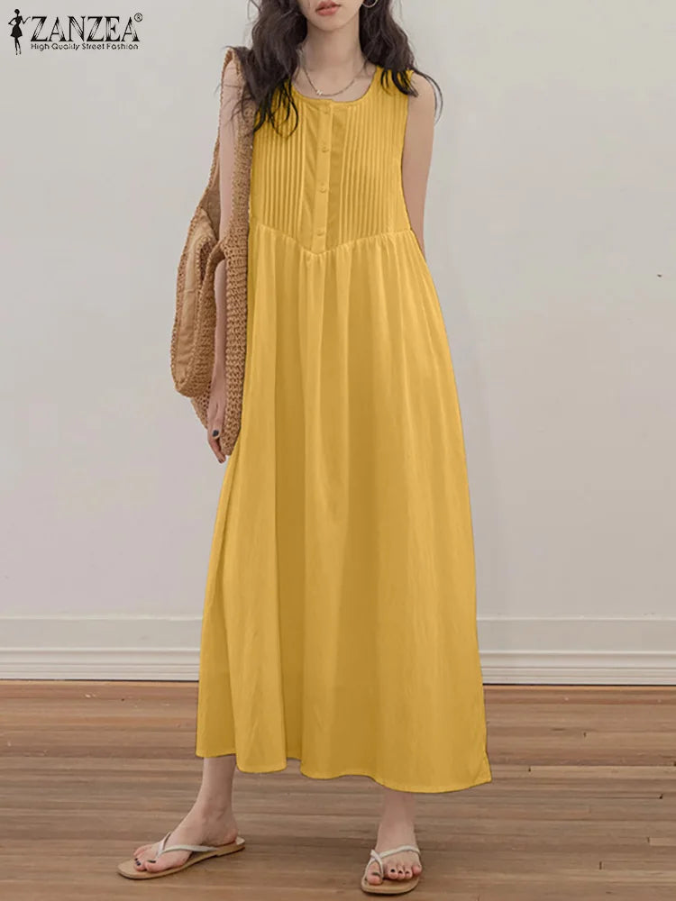 Sleeveless Pleated Long Sundress For Summer Beach Casual
