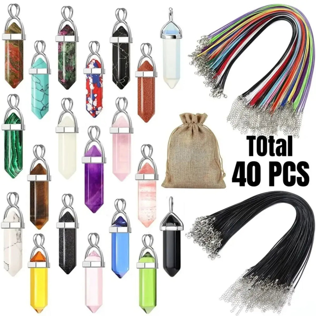40PCS Hexagonal Chakra Crystal Pendant Necklace Set with Pointed Quartz Stones and Leather Chain Storage Bag
