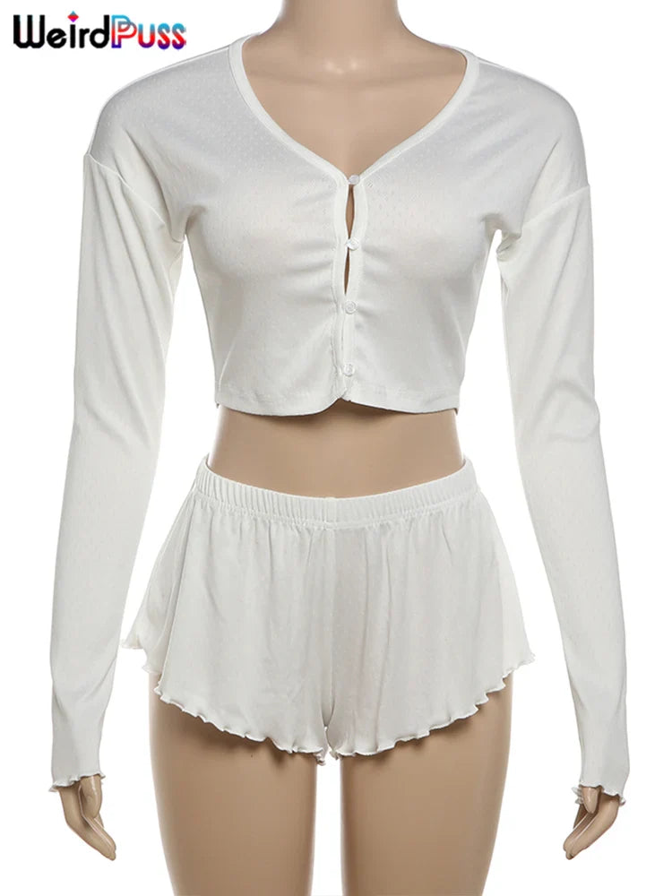 Casual Solid Two Piece Set for Women Long Sleeve Single Breasted Crop Top with Ruffled Thin Mini Shorts Autumn Trend Stylish Matching Outfit