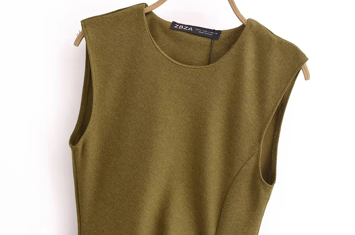 Twill Sleeveless Round Neck Midi Dress For Women Chic Style