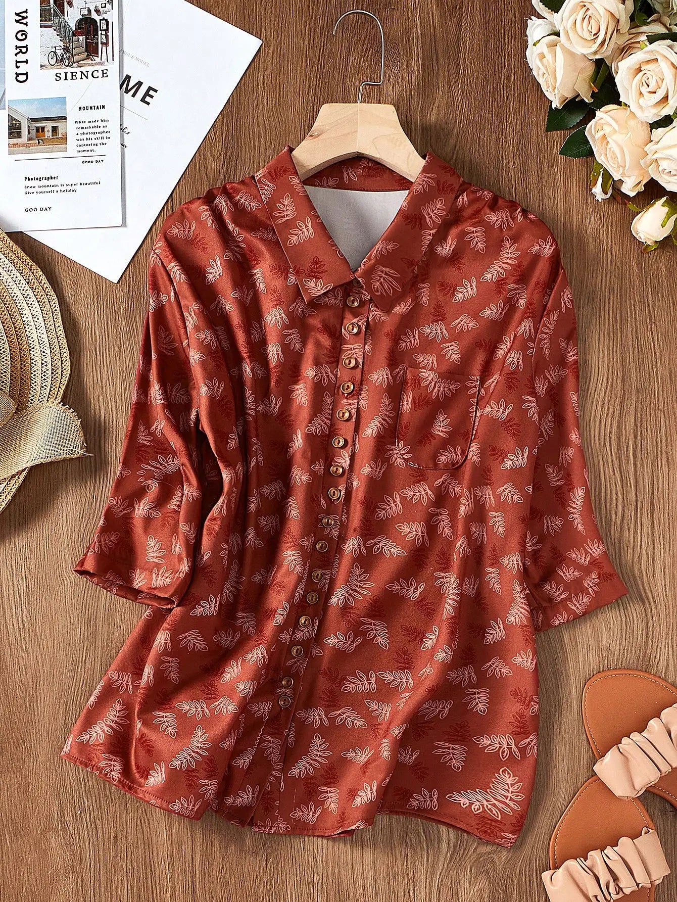 Elegant Womens Lapel Collar Long Sleeve Button Down Printed Casual Shirt