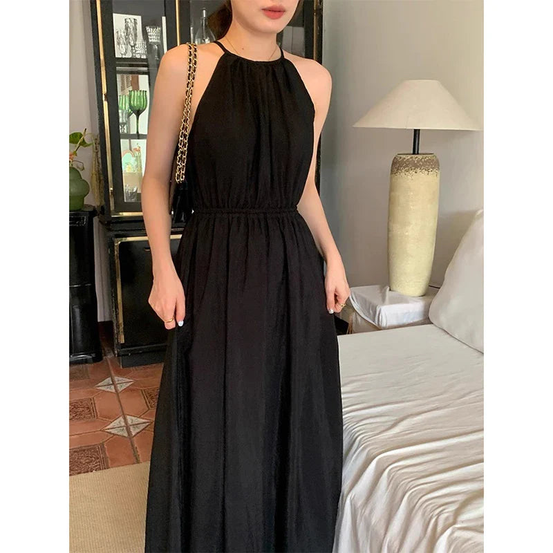 Elegant Y2K Halter Neck Dress Off Shoulder Hollow Waist