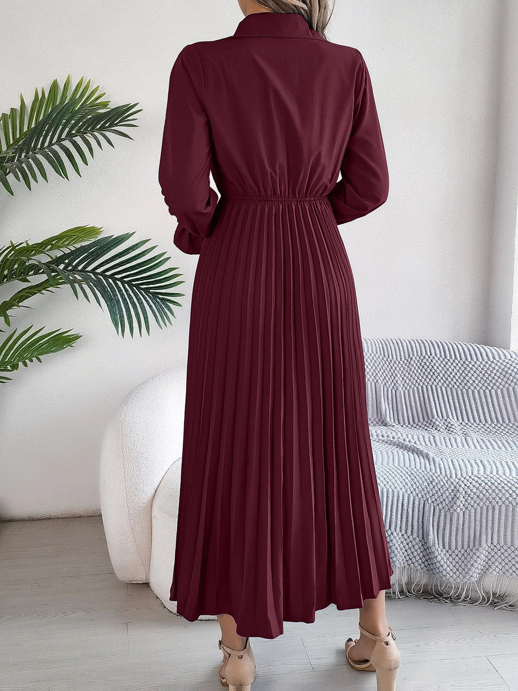 Solid Color Polo Neck Pleated Long Sleeve Dress For Women