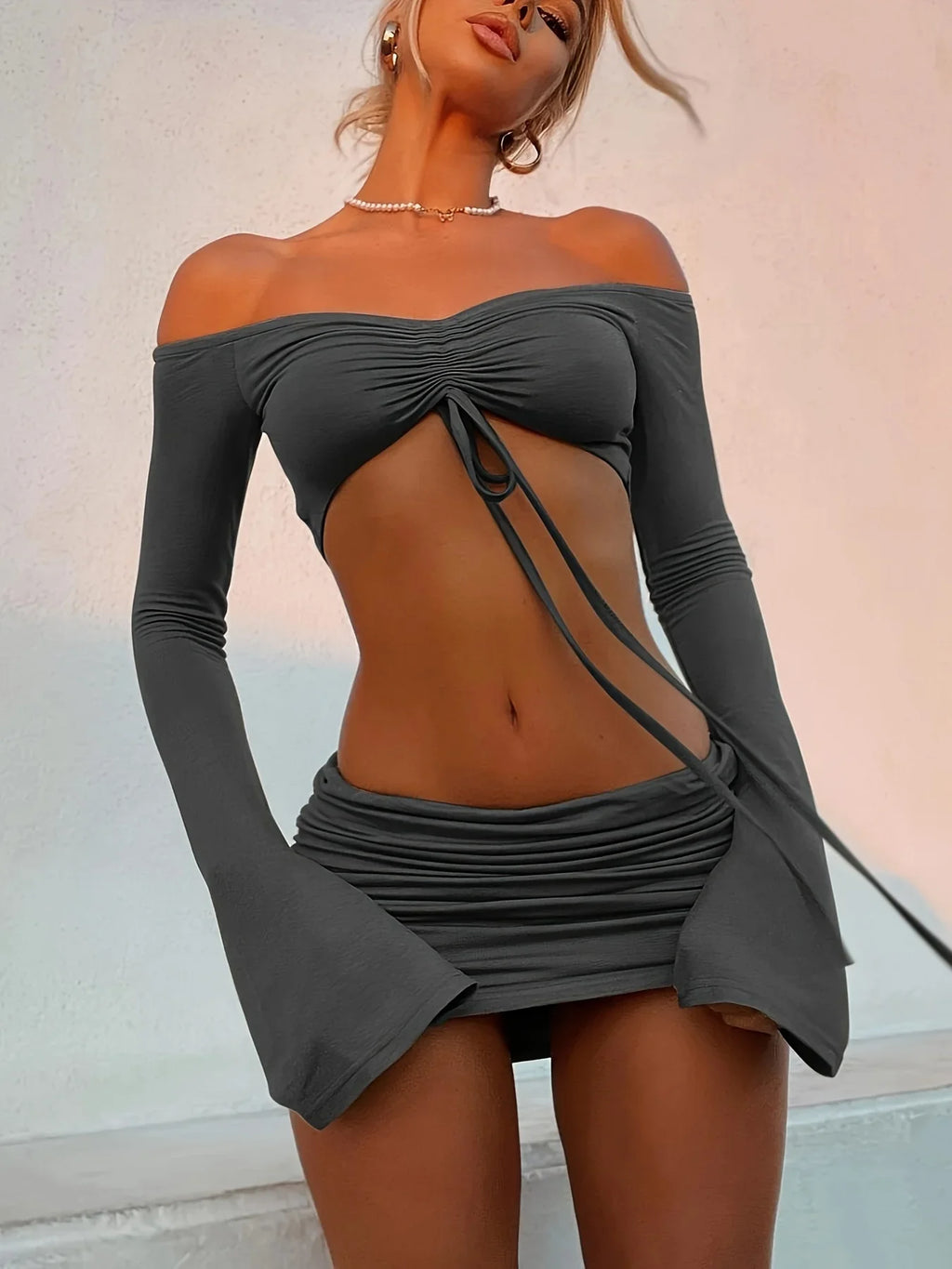 Women's Autumn Winter Long Sleeve Crop Top and Mini Skirt Two-Piece Matching Set Stylish Seasonal Outfit