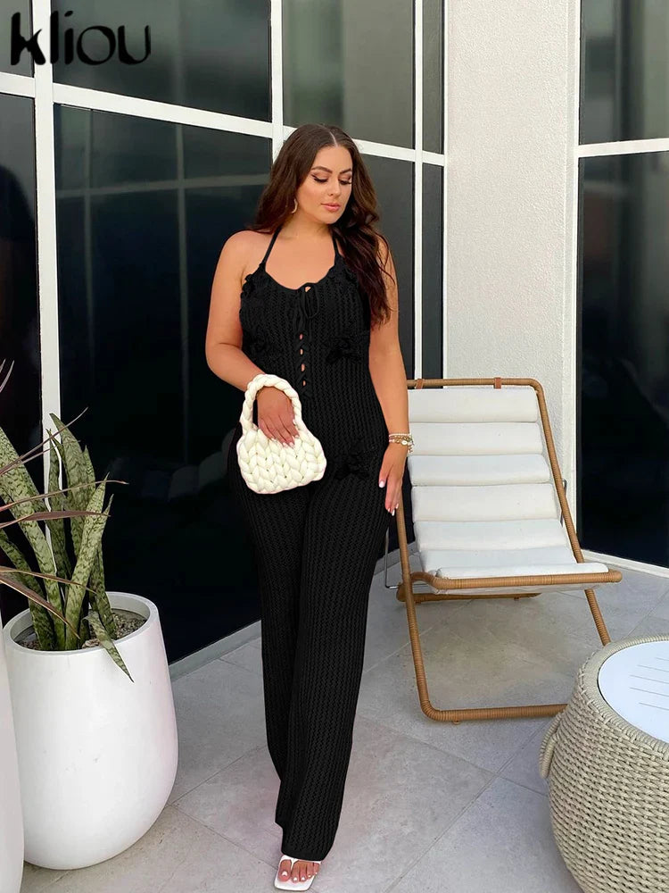 Knitted Floral Women Jumpsuit Sexy Pleated Halter Neck Bandage Low Back Skinny Overalls Trendy Solid Streetwear