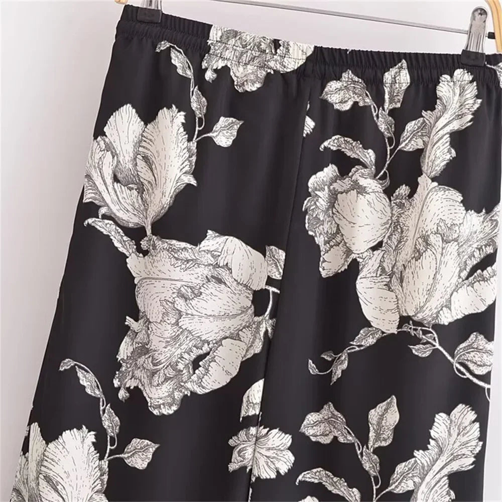 Casual Fashion Printed Collar Long Sleeve Shirt and Drawstring Pants Set for Women