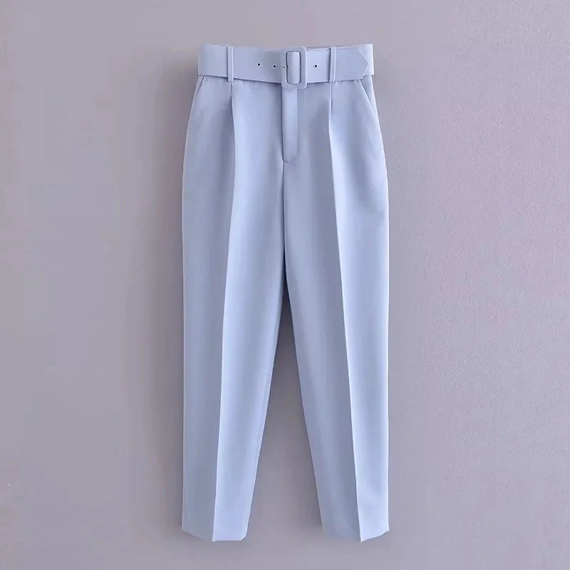 Light Blue Blazer Suit Set for Women with V Neck Loose Jacket and High Waist Sashed Pants Fashionable Autumn Outfit