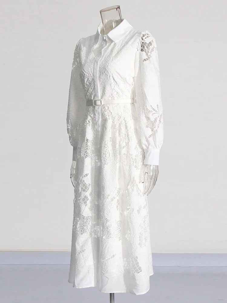 Patchwork Lace Hollow Dress Belted Lantern Sleeve For Women