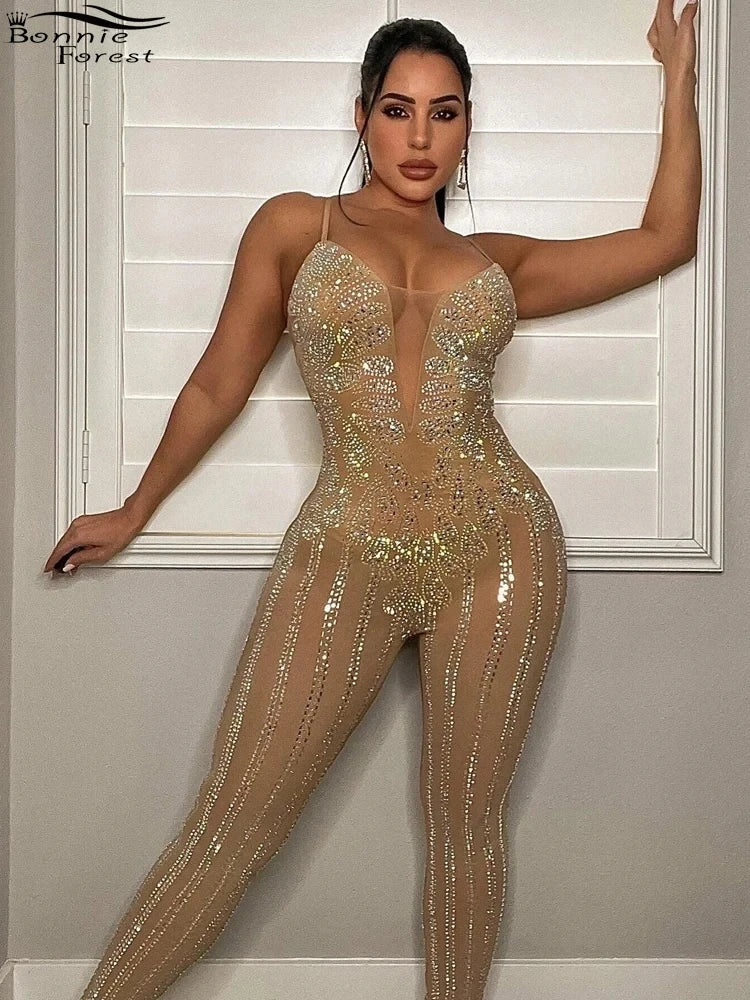 Women's Sparkle Black Rhinestone Spaghetti Strap Jumpsuit Sheer Mesh Sleeveless Crystal Romper Glam Clubwear