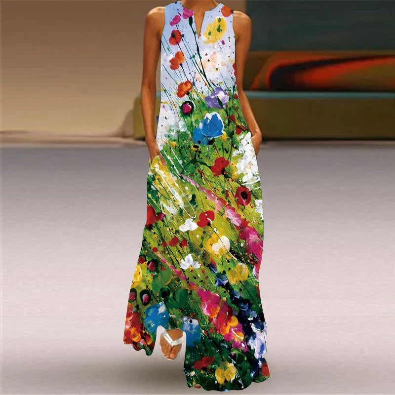 V Neck Sleeveless Printed Maxi Dress For Women Summer Style