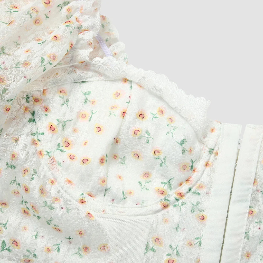 Sexy Lace Embroidered Hollow Out Short Sleeve Bodycon Blouse with Backless Design and Printed Puff Sleeves Slim Fit Crop Top