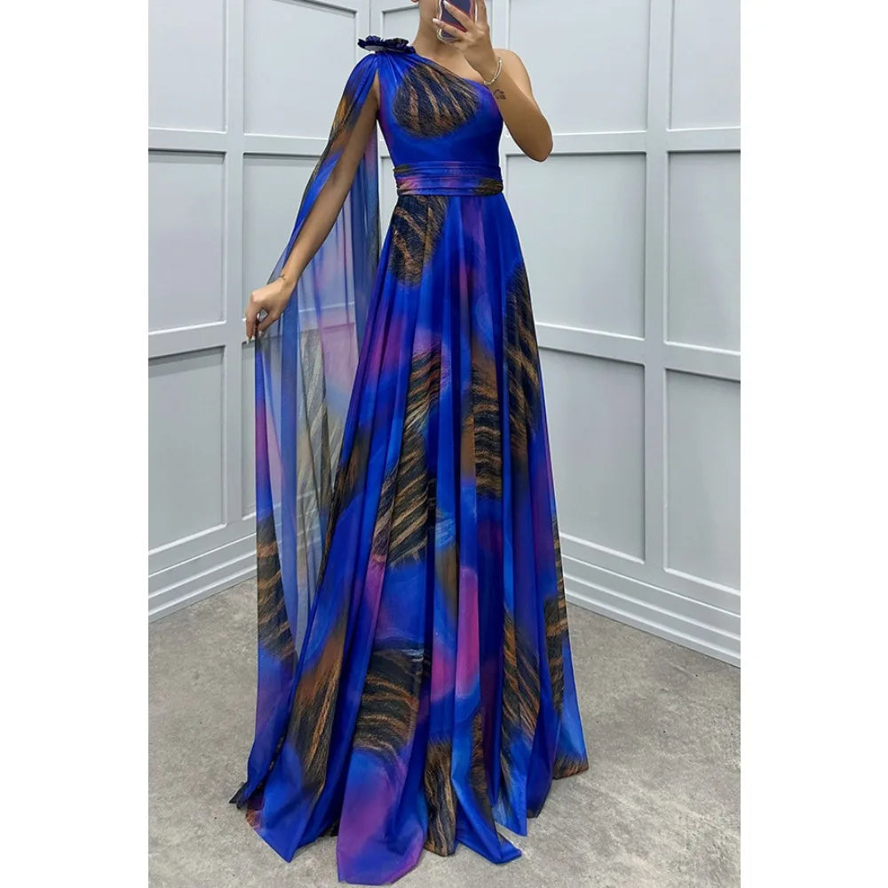 One Shoulder Chiffon Printed Dress Casual Party Wear