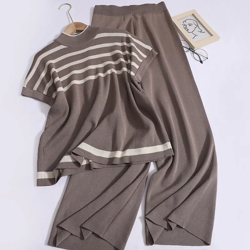 Women Knit Striped Two Piece Set Casual Short Sleeve Top and Loose Trousers Outfit