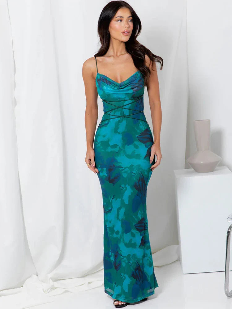 Floral Spaghetti Straps Maxi Dress Backless Evening Party