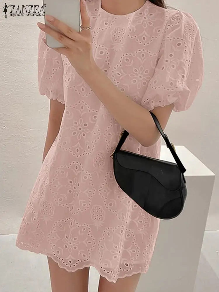 Cotton Sundress With Puff Sleeve Mini For Women Round Neck