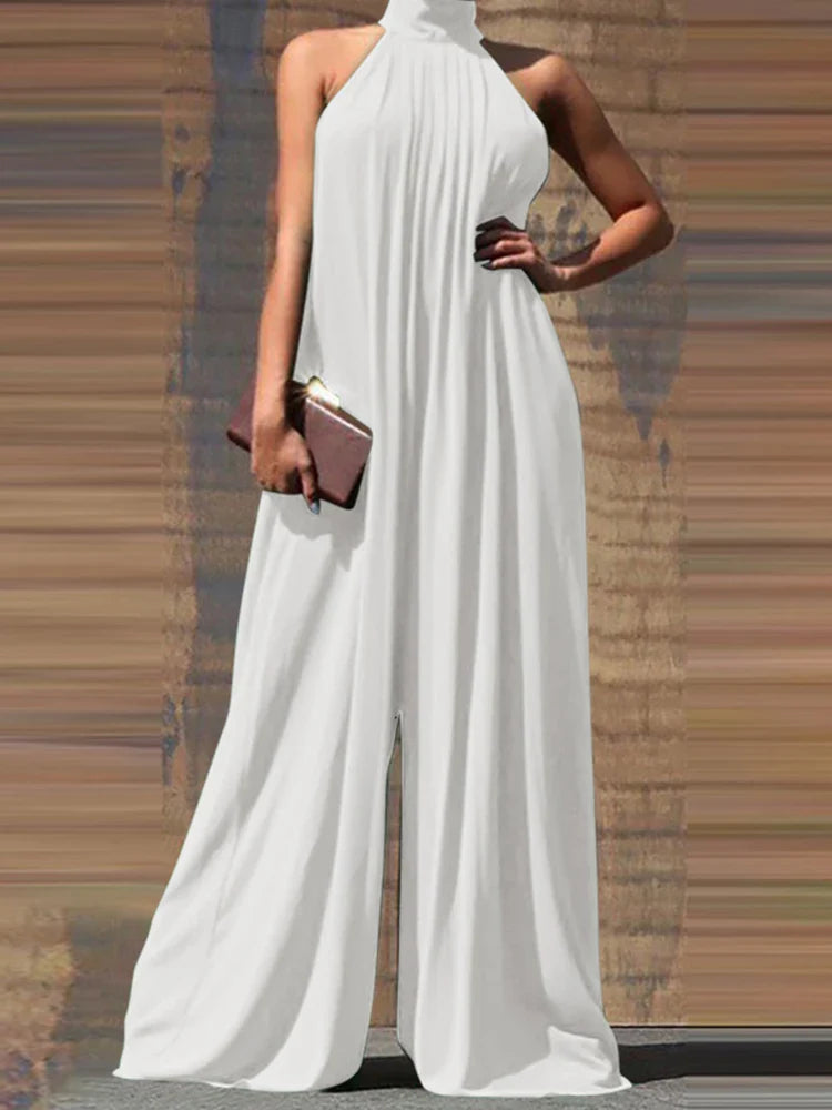 Elegant Sleeveless Wide Leg Jumpsuit for Women Party Casual Holiday Maxi Romper with Stand Collar and Back Button Closure