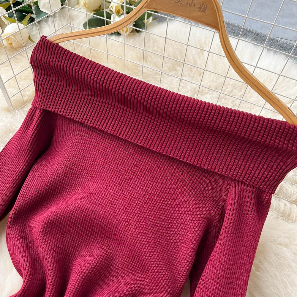 Elegant Knit Mermaid Dress Wrap Off Shoulder Long Sleeve
