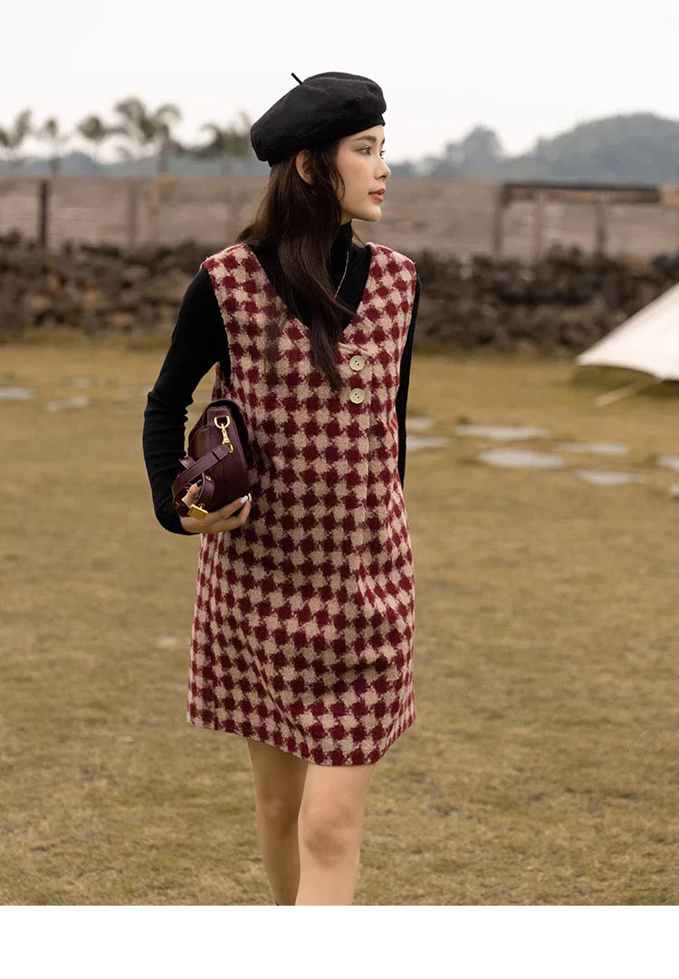 Plaid Vest Dress Aline Woolen Sleeveless Vneck Chic