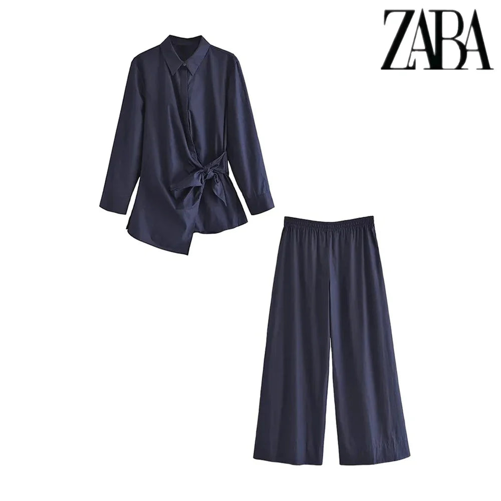 Womens Silk Texture Loose Suit with Knotted Lapel Long Sleeve Shirt and Comfortable Wide Leg Pants Two Piece Set