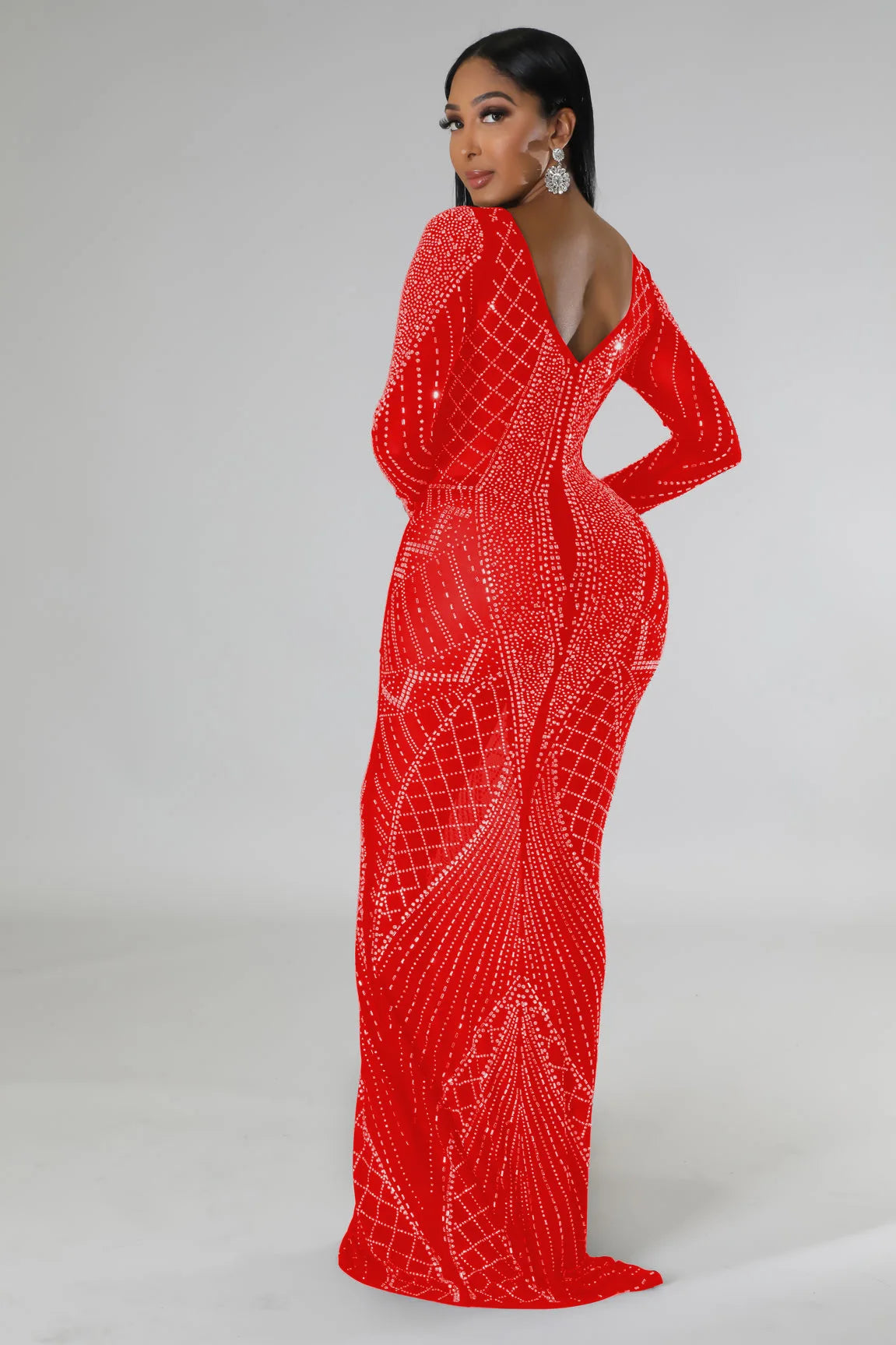 Sexy Mesh Diamond Embellished Maxi Dress for Evening Party