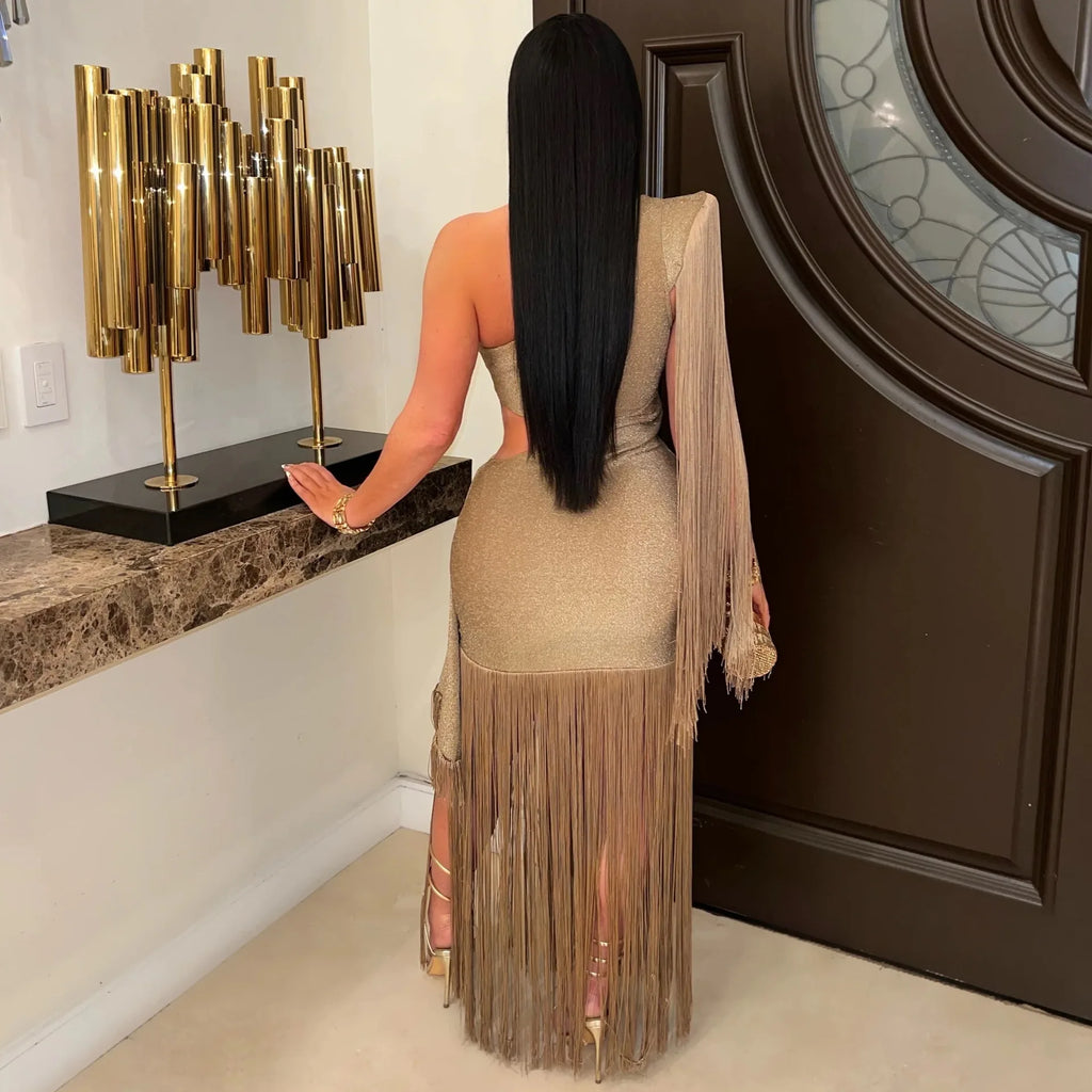 One Shoulder Diagonal Fringe Maxi Dress With Tassels
