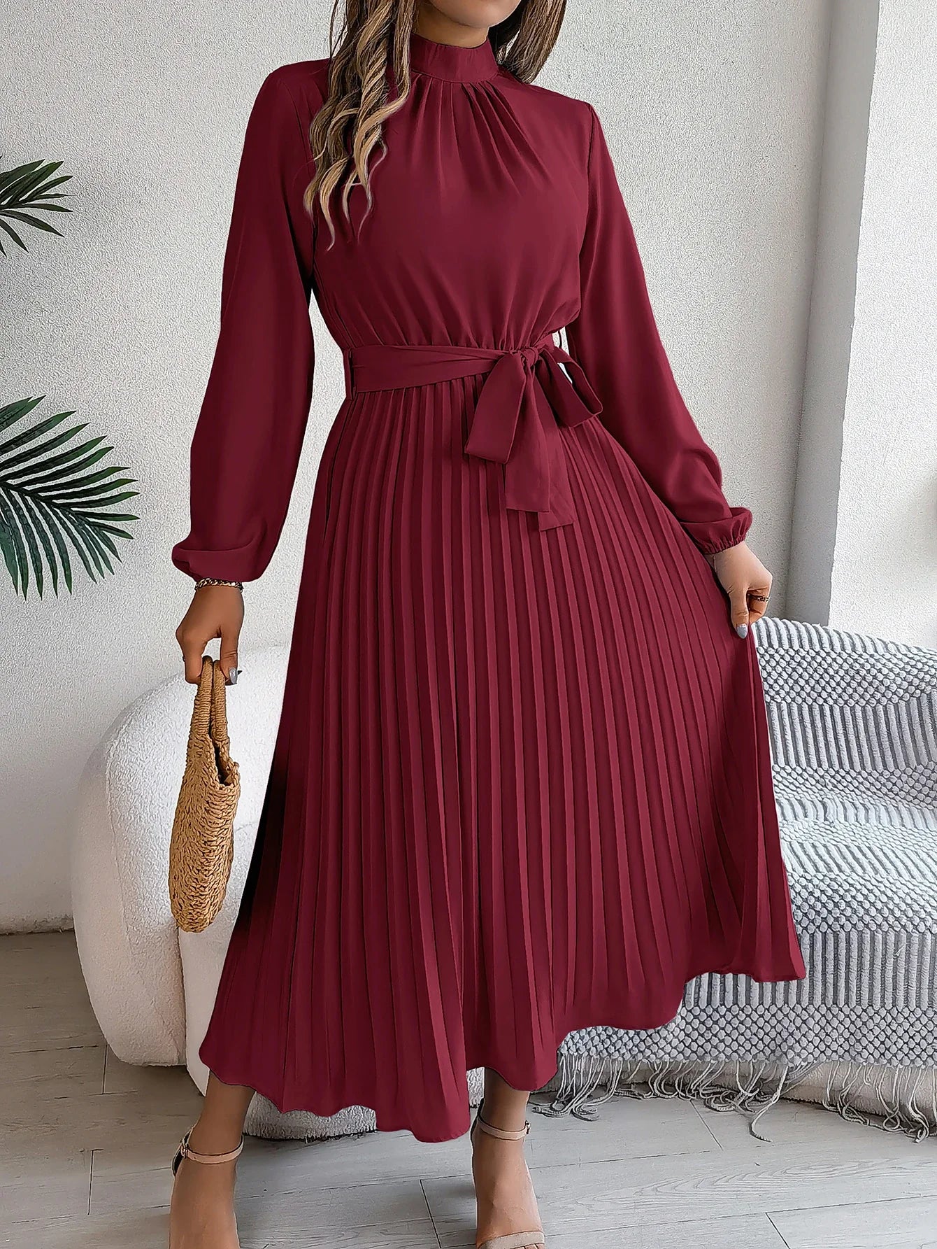 Elegant Pleated Lace Up Long Sleeve Maxi Dress For Spring