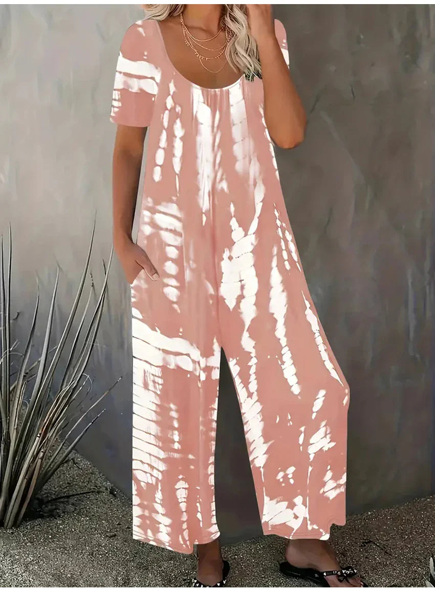 Plus Size Women Summer Jumpsuit Allover Print Wide Leg Short Sleeve Round Neck Relaxed Fit with Pockets Comfortable Casual Outfit