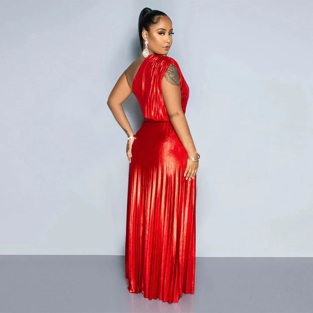 One Shoulder Metallic Pleated Maxi Dress Evening Gown