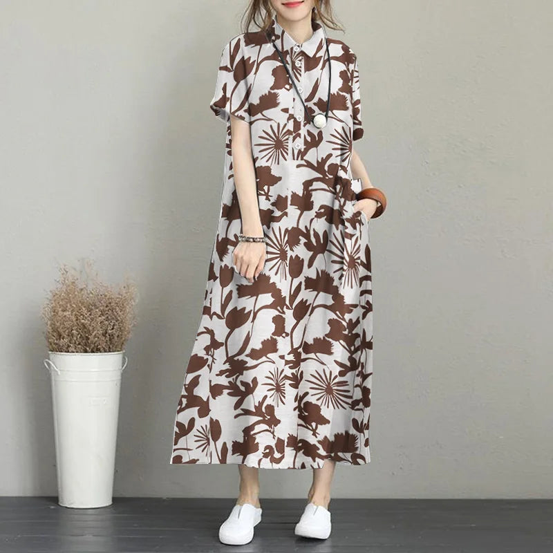 Floral Print Shirt Dress For Women Loose Midi Sundress