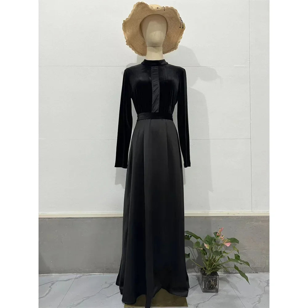Velvet Long Sleeve Muslim Abaya Dress For Women Black