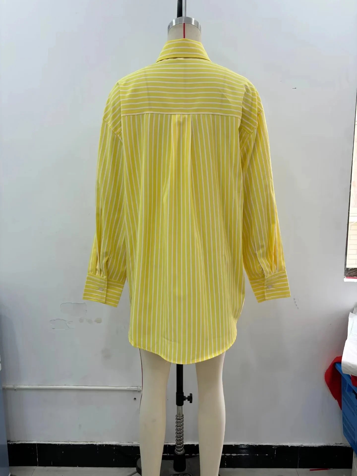 Casual Women Striped Butter Yellow Shirt Vintage Thin Fabric Turn-Down Collar Single Breasted Button-Up Top