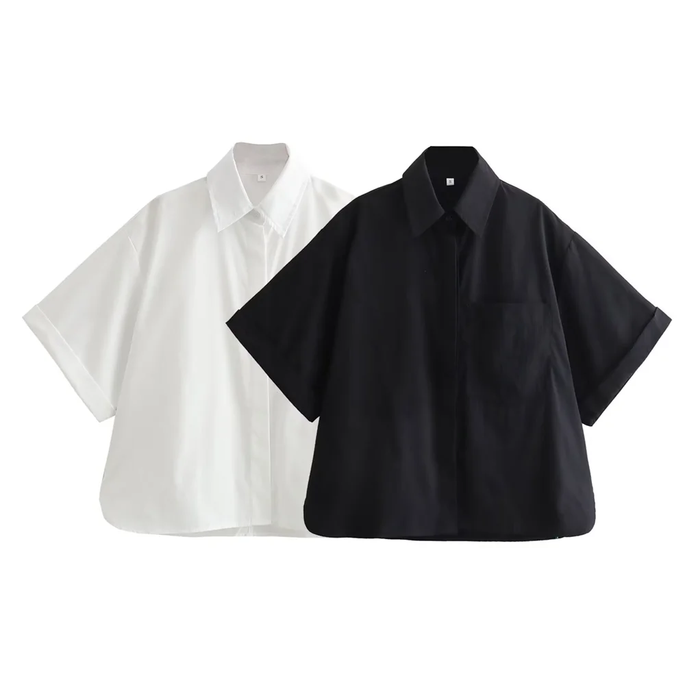 Women's Casual Short Poplin Shirt with Versatile Pocket Decoration Stylish Spring Fashion Top