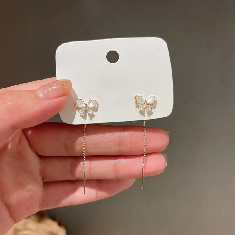 Silver Daisy Flower Long Wire Tassel Earrings with Crystal Zircon for Women