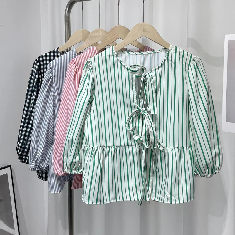 Elegant Women Striped Bow Tie Lace Up Blouse Round Neck Short Sleeve Puff Sleeve Loose Fit Vintage Chic Top for Spring and Summer